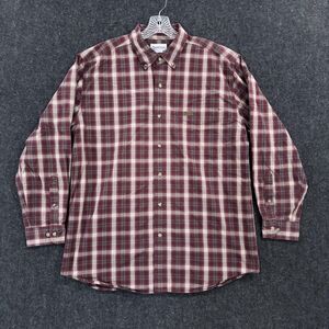 Carhartt Shirt Men's Large Burgundy Plaid Button Front Workwear Casual Pocket